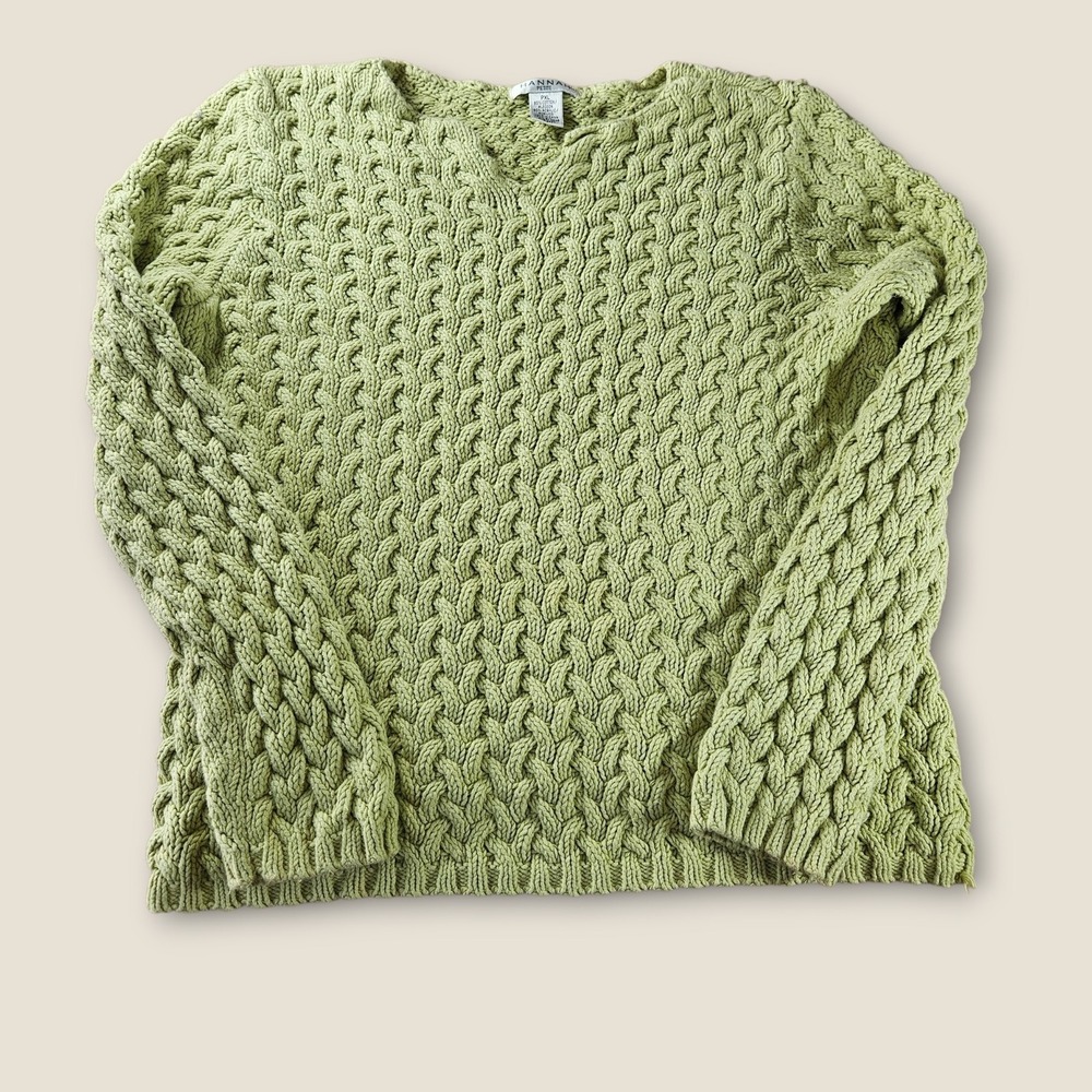 Hannah Petite Cable Knit Sweater Womens PXL Green Cotton Blend V Neck Top